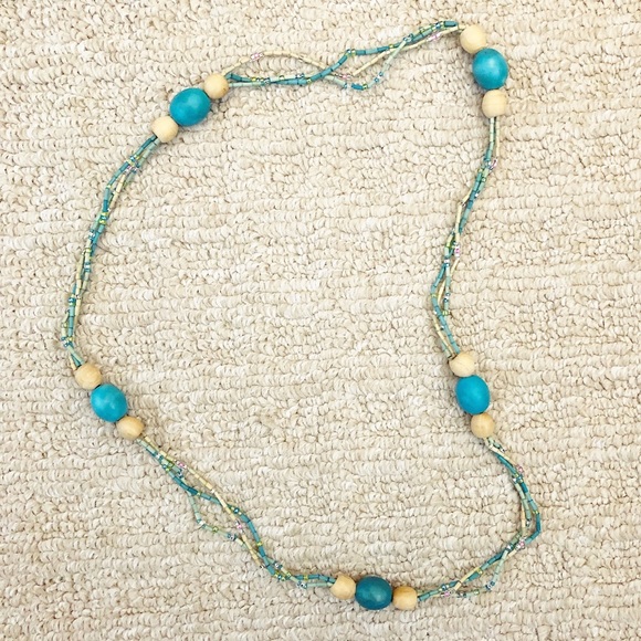 Vintage Jewelry - Boho beige & turquoise wood bead pullover necklace